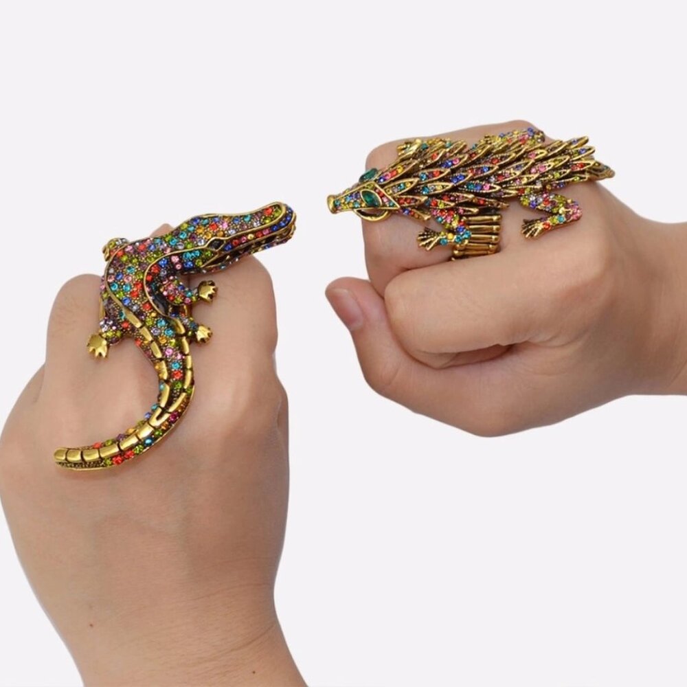 Bold Multicolor Crystal Alligator Statement Ring … - image 3